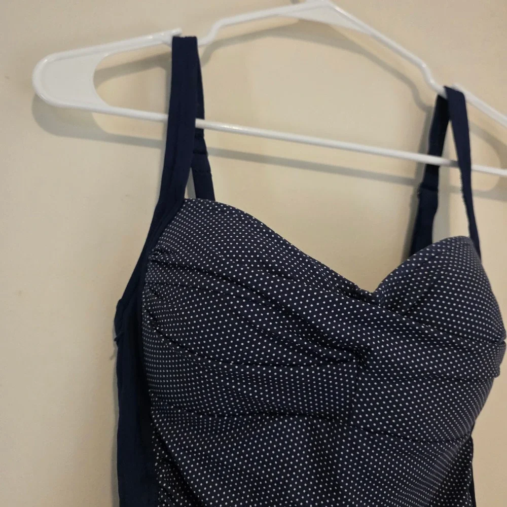 Niptuck Swim Womens One Piece Swimsuit Size 6 Navy Polka Dot Ruched Slimming